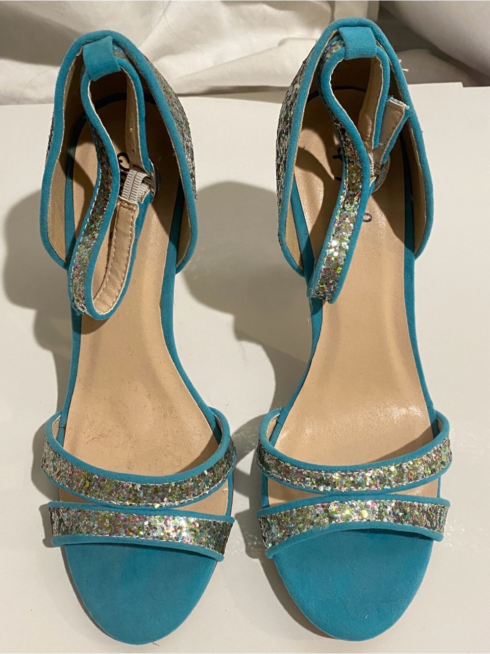 Qupid Women's 7 Teal Blue Sparkle Glitter Mermaidcore Disco Glam Stiletto Heels